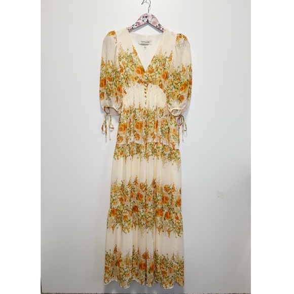 TAYLOR Yellow & White Floral Tiered Smocked Waist Tie Sleeve Midi Dress S Small - Picture 3 of 13